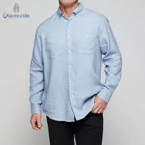 Camisa Poeira Azul 100% Linho dos homens de Design Moderno Superior Manga Longa Linho Camisa Legal Para Homens