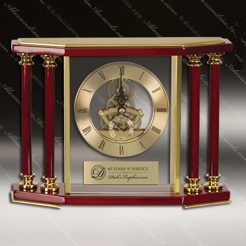Executive Gift 4 Pillar Wooden Desk Gold Table Clock