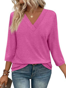 <span class=keywords><strong>Camiseta</strong></span> de punto de algodón transpirable con mangas de 7 puntos y cuello en V informal a la moda para <span class=keywords><strong>mujer</strong></span>, talla XL, patrón Simple para primavera - Product Image 4