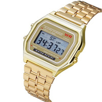Jam Tangan Digital Layar LCD dengan Tali Stainless Steel Fancy Square Sport dan Fungsi Alarm untuk Pria dan Wanita Casiki