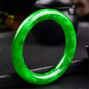 Green Jadeite Bangle Round Bar Natural Myanmar Jade Bracelet Hand Carved Jade Bangle for Women