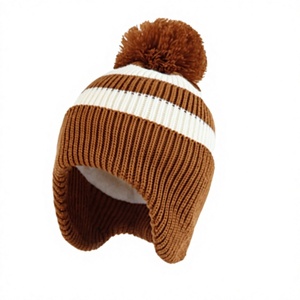 Bonnet d'hiver pour enfants avec cache-oreilles et pompon, en tricot rayé doublé polaire, chaud, pour usage extérieur - Product Image 2