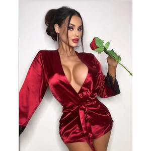 Yeni gelmesi dantel katı kırmızı iç çamaşırı Babydoll Robe evlilik seksi saten pijama seti artı boyutu kadın pijama - Product Image 4