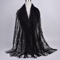Long Style Lady Châle Musulman Hijab Écharpe avec Dentelle Évider Frange Solide Couleur Soie Style D'été En Polyester