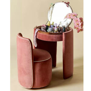 Meja Rias Antik Mewah Berlapis Kain dengan Cermin Lipat dan Set Bangku, Meja Rias Sudut Kayu untuk Kamar Tidur - Product Image 3