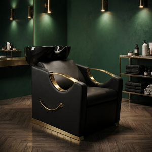 Sillón de Champú de Lujo Negro y Dorado con Lavabo Profundo de Cerámica, Equipo Profesional para Salón de Belleza y Spa con Reposabrazos en Oro Pulido 2026 - Product Image 1