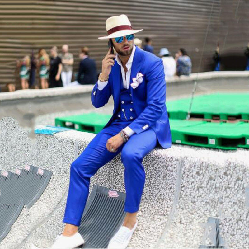 Trajes de tres piezas de color azul real para hombre, trajes de