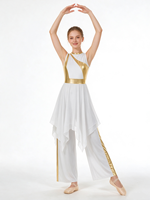 Ensemble de danse lyrique pour femmes : haut sans manches color block, jupe asymétrique en mousseline et pantalon large