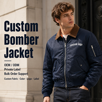 Blouson Bomber Homme Bleu Marine Col en Velours Côtelé Lavé Brodé Épais Streetwear Décontracté – Vente en Gros