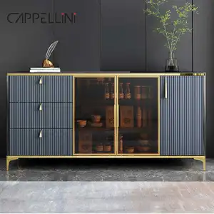 خزانة مطبخ بوفيه زجاجية بتصميم إيطالي أثاث غرفة طعام خزانة خشبية فاخرة حديثة من الورق الخشبي باللون الأسود والذهبي
