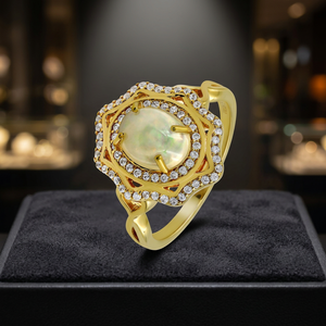 Gourik Victorian Style Classic <b>Gold</b> Plated 925 Silver Oval Natural Ethiopian <b>Opal</b> with Natural Zircon Wedding Statement <b>Ring</b> - Product Image 4