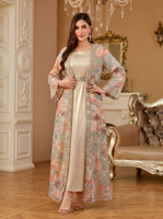 Ensemble Abaya Ouverte 2 Pièces pour Adultes en Polyester, Robe Musulmane Vintage à Imprimé Floral avec Bordure Strass, Kimono Extérieur et Satin Intérieur, Modeste pour Mariage