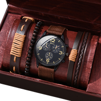 Set jam tangan kulit pria, 5 buah/Set kotak hadiah gelang Set tali kulit kuarsa hadiah untuk pria
