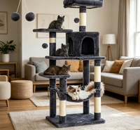 Arbre à chat multi-niveaux en sisal avec double porte, hamac, plusieurs plateformes d'escalade et jouets pompons suspendus pour chat d'intérieur