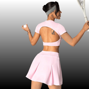 Set Yoga Wanita Model Slim Fit Tanpa Punggung Lengan Pendek dengan Rok Tenis A-Line Anti Tembus Pandang dan Kantong, Pakaian Olahraga Tenis Golf Fitness - Product Image 2