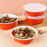 Contenant alimentaire jetable en PP de calibre 195, base carrée à écailles de poisson, transparent, avec couvercle haut, pour plats à emporter, orange et blanc