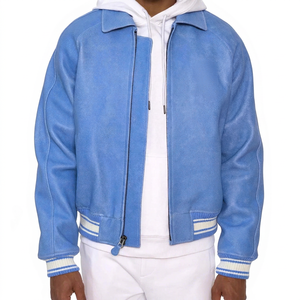 HTTC STORE <b>Men's</b> Blue <b>Suede</b> Bomber <b>Jacket</b> Embroidered Patch Front Zipper Casual Style Winter Wear Eco-Friendly Breathable - Product Image 1
