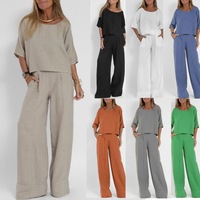 Ensemble décontracté deux pièces en mélange de lin pour femme : haut à col rond et manches mi-longues, pantalon large – Vente en gros et personnalisation