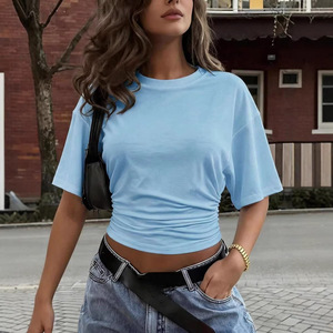 2026 Zomer Nieuwe Solid Crew Neck Crop Top Dames Casual Korte Mouw T-<span class=keywords><strong>shirts</strong></span> Trendy <span class=keywords><strong>Streetwear</strong></span> Tees Hot Sale - Product Image 4