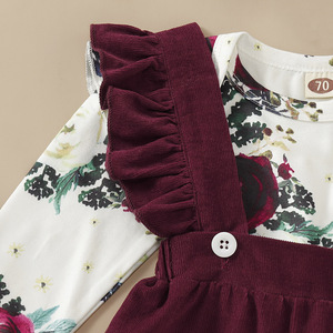 Conjunto de Ropa para Bebé Niña de 2 Piezas: Camisa Cómoda de Algodón con Estampado Floral de Manga Larga y Vestido con Tirantes Color Borgoña - Precio al por Mayor - Product Image 4