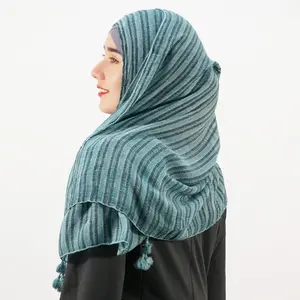 Wholesale Custom Lady Tassel Stripes Cotton Head Wrap Bandana Scarf Viscose Turban Hijab Jersey Knitted Shawl For Women Fashion