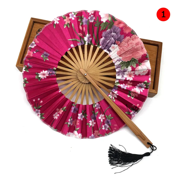 Random Color Japan Round Hand Fan Bamboo Charming Floral Print Pocket Folding Fan for Wedding
