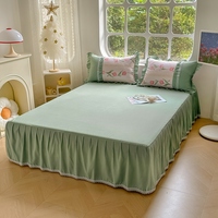 Ensemble de draps de lit de luxe à volants avec jolis rubans tricotés de tulipes vertes de style français