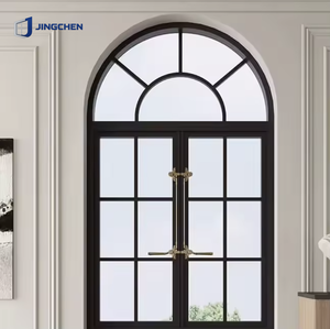 Fenêtre à battant moderne en composite aluminium-bois, cadre noir, grille, double vitrage, isolation thermique, poignée bronze antique, ouverture vers l'extérieur - Product Image 1