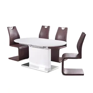 现代白色高光MDF木板加长餐桌套装6张餐饮室用椅子