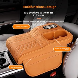 Boîte d'accoudoir de voiture en cuir avec coussin rehausseur, rangement central multifonctionnel, boîte à mouchoirs et porte-gobelet, réglable en hauteur - Product Image 1