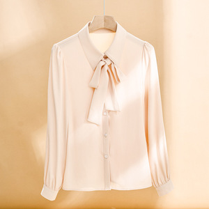 Women's White Ribbon Bow Blouse Solid Color Chiffon Office Wear Long Sleeve Formal Shirt - Product Image 4