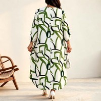 Chemisier Tunique Ample Femme Vert Imprimé Abstrait Épaules Dénudées Manches 3/4 Ourlet Asymétrique Haut-Bas