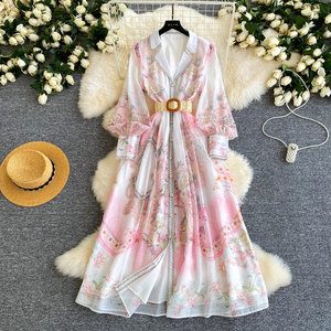 Abito da <span class=keywords><strong>donna</strong></span> elegante floreale francese con scollo a V e maniche lunghe, vestito da <span class=keywords><strong>ufficio</strong></span> a trapezio che esalta la figura, abbigliamento femminile alla moda - Product Image 1