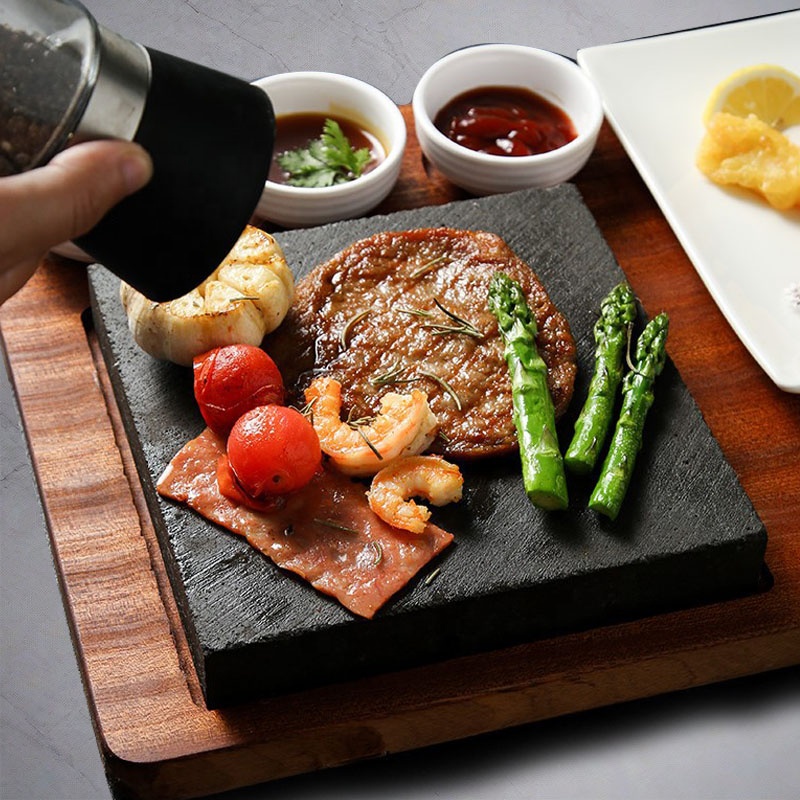 Beefstone Lavasteen Steakbord, Hot Stone Stone Grill Set van bamboeplank, lavastone, vlees, vis grillen op hete steen, inclusief vuurvaste handschoenen, gratis (Uno