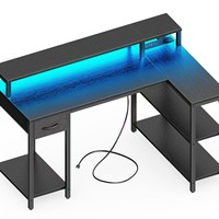 Bureau d'ordinateur en L moderne et durable pour usage domestique, avec éclairage LED, prises de courant, tiroirs et pliage automatique