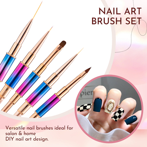 Lot de 5 pinceaux à ongles à manche métallique dégradé, double tête ovale, poils en nylon doux pour la conception d'ongles haut de gamme en salon - Product Image 4