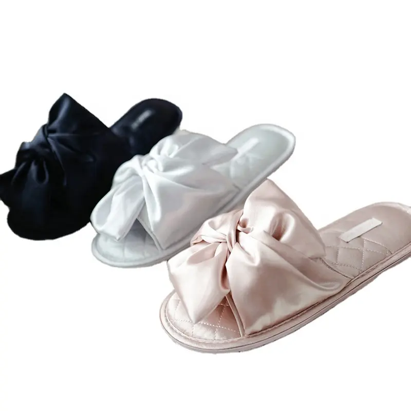 High Quality Open Toe Ribbon Satin Slippers For Bridesmaid Women Bedroom Wedding Shoes Flats