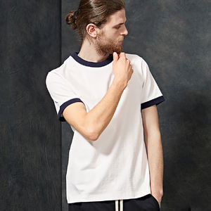 HG6244 T-shirts unisexes 100% coton 265 g/m² grammage lourd, avec logo personnalisé, couleur unie, coutures contrastées, patchwork bicolore, tricoté style ringer - Product Image 3