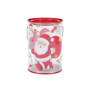 Hochwertige benutzer definierte Druck farbe Zinn Eimer mit Griff Weihnachts geschenk verpackung Transparente PET Candy Lagerung Zinn behälter