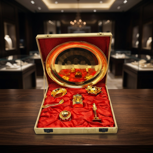 Thali d'or pour la prière (Pooja Aarti) avec coffret cadeau, ensemble de thali pour la prière fait main, thali Aarti gravé, thali Aarti en laiton fait main - Product Image 3