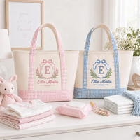 Sac fourre-tout en toile personnalisé pour bébé avec monogramme brodé, toile épaisse à carreaux, sac fourre-tout réutilisable pour les courses