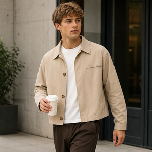 <span class=keywords><strong>Giacca</strong></span> con Logo Personalizzato, <span class=keywords><strong>Beige</strong></span>, in Cotone Twill Premium, Colletto a Punta, Minimalista con Bottoni, <span class=keywords><strong>Giacca</strong></span> <span class=keywords><strong>Camicia</strong></span> Casual da Uomo Pesante - Product Image 2