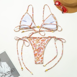 Conjunto de bikini para mujer con estampado Paisley, top triangular con cuello halter y lazo lateral, traje de baño de dos piezas sin espalda con decoración de herrajes, ropa de playa al por mayor - Product Image 5