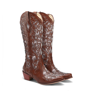 Bottes Western pour femme, chaussures décontractées en cuir, bottes de cow-boy à enfiler, semelle intérieure rembourrée, chaussures en cuir pour fille, chaussures en cuir pour tous les jours - Product Image 1