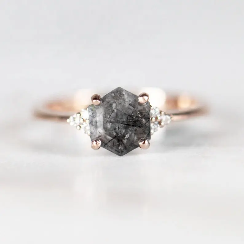 Rose Gold Plated 925 Sterling Silver Anniversary Jewelry Hexagon Cut Gemstone Black Rutilated Quartz Ring