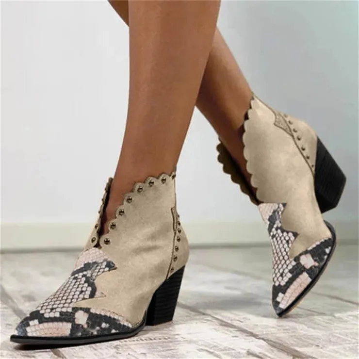 200903 women colouring Chunky Point Boots Snake skin pointed short boots