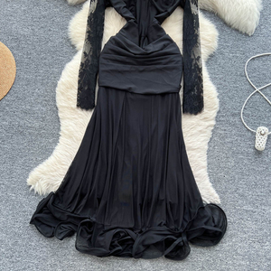 Vestido formal negro oscuro para mujer - con encaje, manga larga, plisado cosido, entallado en la cintura, con dobladillo con volantes. - Product Image 3