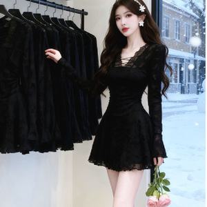 V Neck Lace Trim Long Sleeve Dress Women Autumn Winter Slim A Line <b>Skirt</b> Sheer Layer Daily Wear - Product Image 1
