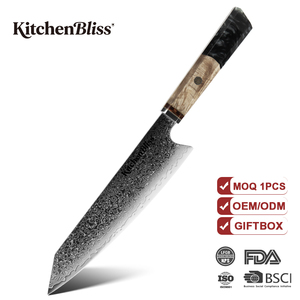 Couteau de cuisine professionnel KitchenBliss Kiritsuke, 67 couches, VG10, couteau de chef japonais en acier Damas avec manche en bois et résine noire - Product Image 1