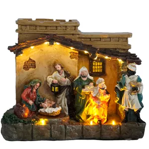 Santos ocidentais Resina Artesanato Natal Natividade Música Religiosa LED o aquecimento Cabine Luzes Home Decorações